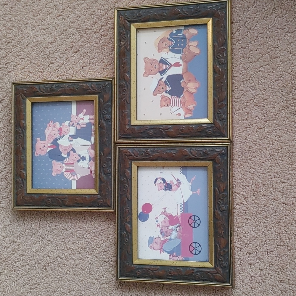 Set of 3 Vintage Framed Nursery Wall Art Prints Teddy Bears & Goose Parade